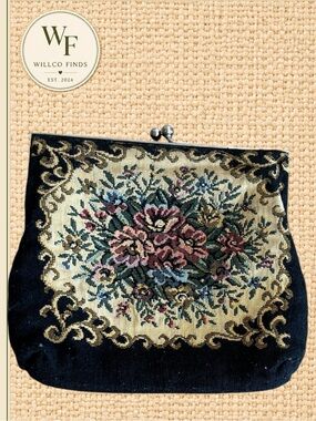 Floral Tapestry Kiss Lock Coin Purse Black Tan Pink Vintage Style Clutch